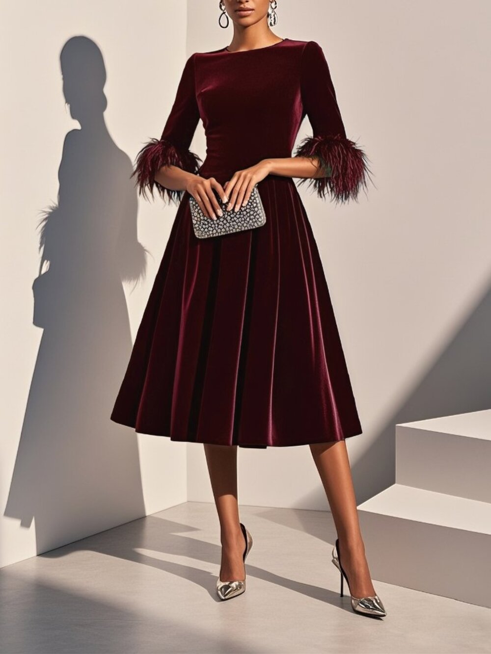 Fehaute Wine Red Feather-trimmed Velvet Crew Neck Half Sleeve A-Line Midi Dress